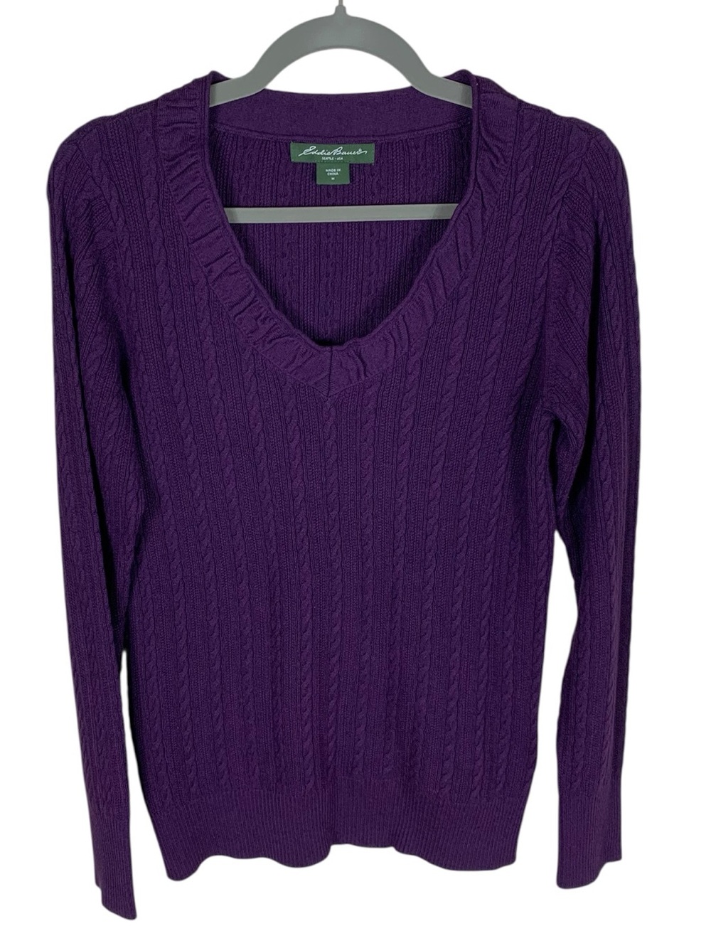 Women's Eddie Bauer Purple Cable Knit Long Sleeve V-Neck Sweater Size M Y2K